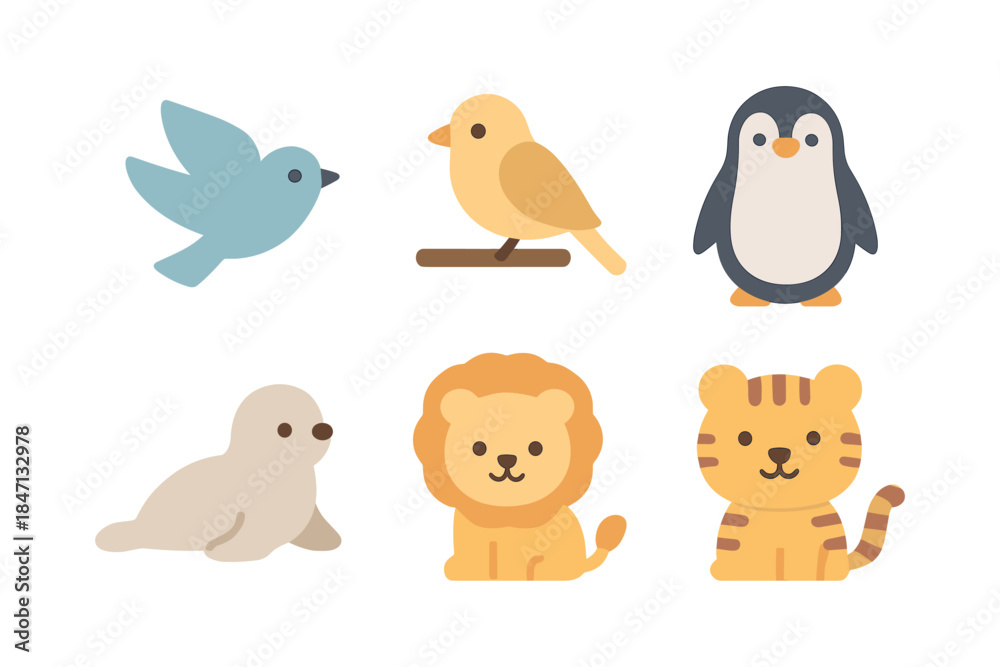 Naklejka premium Cute animal set: flat design icons featuring birds, penguin, seal, lion, and tiger