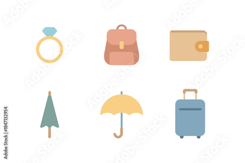 Travel essentials: minimalist icons of ring, backpack, wallet, tree, umbrella, suitcase