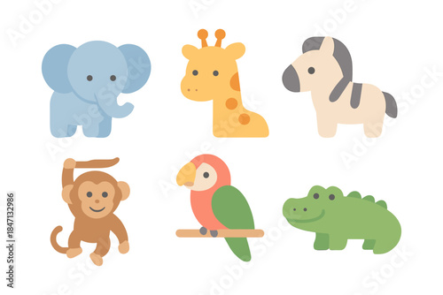 Cute cartoon animals collection: elephant, giraffe, zebra, monkey, parrot, crocodile