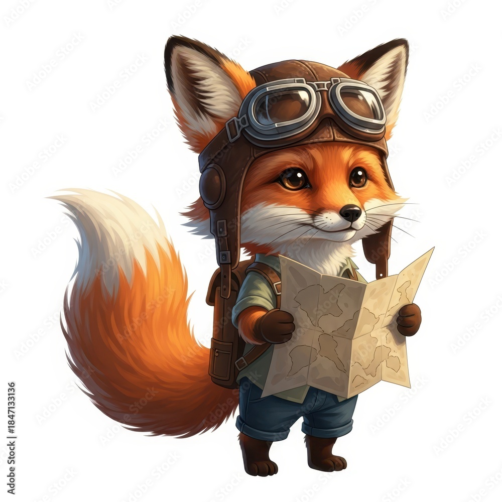Obraz premium Cute cartoon fox explorer wearing an aviator helmet and goggles, holding a map