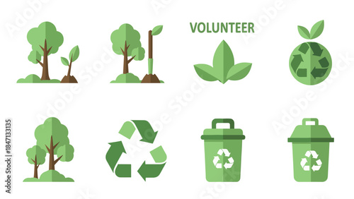 Set of green ecology icons featuring leaf, tree, and recycle symbols in a flat vector design for environmental and natural bio energy concepts