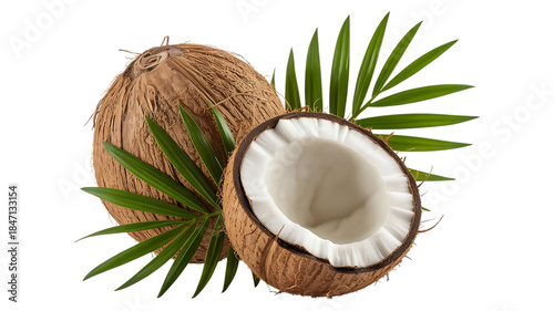 Coconut with palm leaf image isolated on transparent