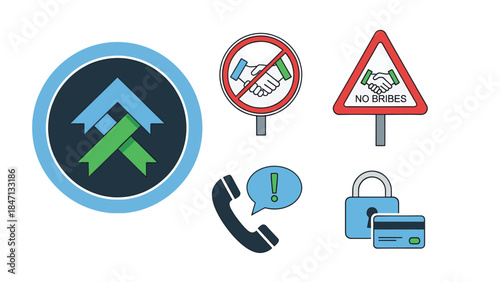 Warning Signs and Information: A compilation of safety and information symbols, including 'no handshake', 'no bribes', and contact signals, signifying safety, security and caution.
