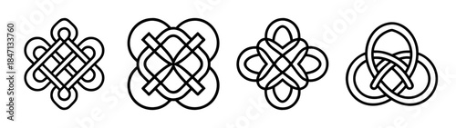 A collection of four intricate endless knot symbols in black and white line art