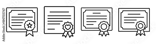 A collection of minimalist line art icons representing certificates of achievement and diplomas with seals