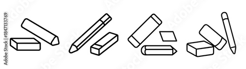 A collection of basic school and drawing supplies including pencils and erasers in line art style