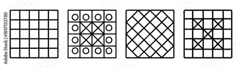 A set of four different visual grid patterns featuring geometric shapes and symbols