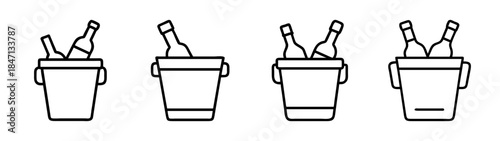 Minimalist champagne bucket line icons set with wine bottles for celebration and party design