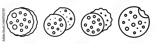 Line art icons representing various round cookies and crackers, including whole and bitten versions