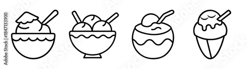 A collection of frozen dessert icons in various forms, including cones and sundaes
