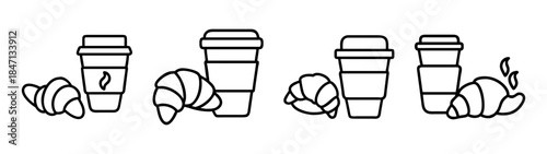 Black and white line art illustration of takeaway coffee cups and fresh croissants
