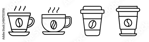 Collection of four minimalist line art icons for different styles of coffee cups and mugs
