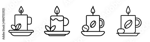 Collection of black line art icons featuring coffee-scented candles in mugs with leaves and coffee beans