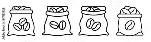 Black and white line art set illustrating four different sacks of coffee beans, representing storage