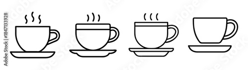 Line art icon set of hot coffee cups showing different levels of steam