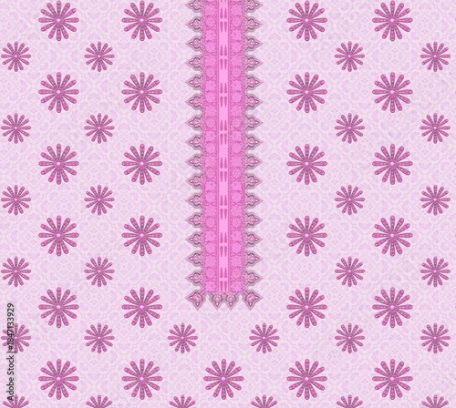 Pink Floral Textile with Central Lace Strip – Ornamental Symmetrical Fabric Design on Light Pink Background