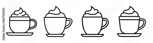 A set of four outline icons illustrating hot coffee cups with whipped cream