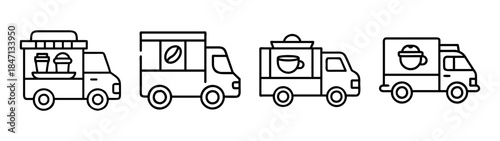 A collection of minimalist line art icons representing coffee food trucks and mobile shops