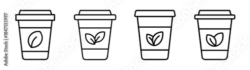 A collection of four line art icons showing takeaway coffee cups with different beverage symbols