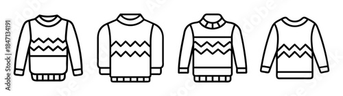 Simple line art icons of winter sweaters with different necklines and zigzag pattern