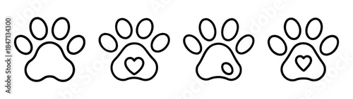 A collection of four minimalist paw print icons, some featuring heart designs, on a white background