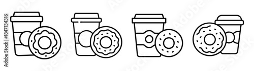 A collection of coffee cup and donut outline icons representing a breakfast snack
