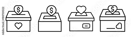Collection of outline icons representing donation and charity boxes with heart and dollar symbols