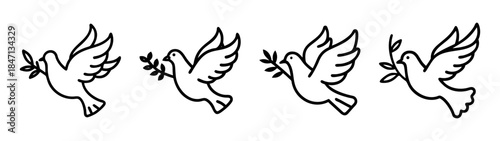 Four simple line art illustrations depicting the iconic peace dove carrying an olive branch