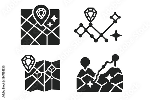 Crystal Lattice Navigation. Solid style icons of crystal-lattice navigation: faceted grids, gemstone markers, lattice lines, map