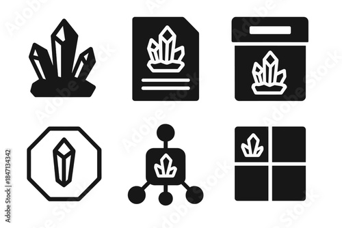 Mineral Iconography. Solid style icons of mineral specimen documentation: crystal icons, specimen sheets, archive markers, faceted