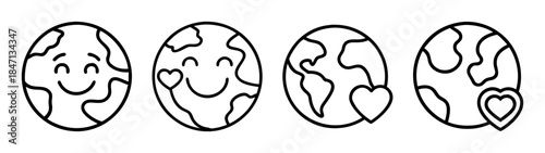 Happy earth day icon set with smiling planet and heart symbols for environmental care