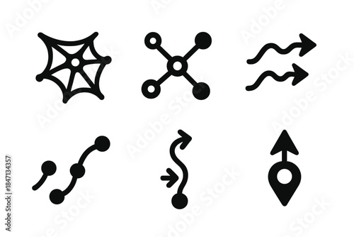 Gossamer Icon Pathway. Solid style icons of gossamer pathfinder: delicate web strands, glowing nodes, directional markers, pulse