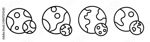 Minimalist line art icons depicting earth and a smaller moon, representing celestial bodies in space