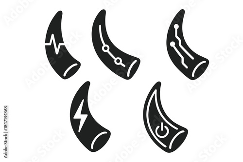 Ancient Circuit Icons. Solid style icons of ancient whale tooth circuits: carved tusks, pulse lines, energy nodes, lightning