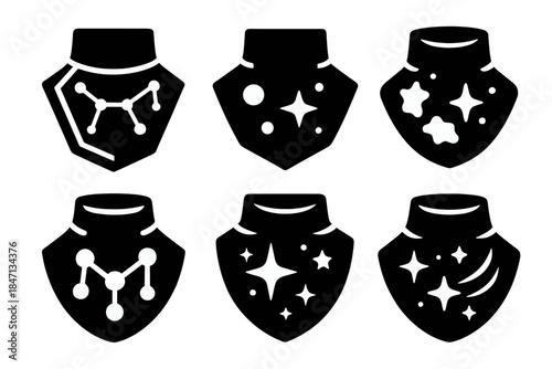 Starry Throat Armor Icons. Solid style icons of star-charted throat guards: armor panels, constellation outlines, pulse markers,