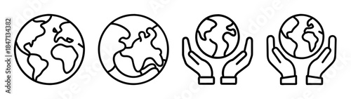 A set of four black line art icons depicting earth and its environmental protection