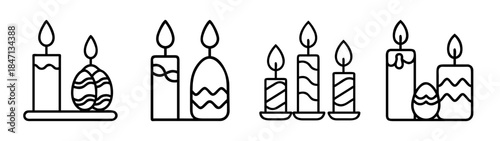 Black and white line art set of easter icons featuring decorative candles and eggs
