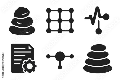 Abstract Mineral Icons. Solid style icons of mineral algorithm structure: rock stacks, node grids, pulse markers, instruction