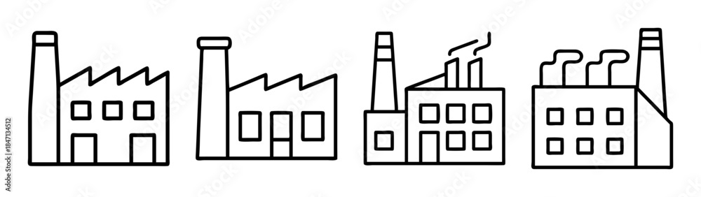 Fototapeta premium Simple black and white line art icons depicting various industrial factory buildings and structures.