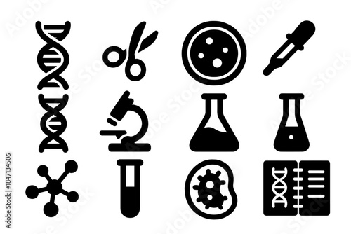 Biotech Icons. Solid style icons of gene editing and biotechnology: DNA strand, CRISPR scissors, petri dish, pipette, microscope,