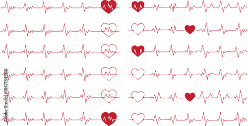 Red heartbeat line collection with heart symbol, cardiology, medical pulse, ECG, EKG design, healthcare clipart vector illustration, health monitoring, digital heartbeat graphics