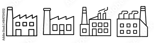 Simple black and white line art icons depicting various industrial factory buildings and structures.