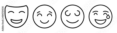 Different types of happy and laughing face icons in a simple black and white outline style