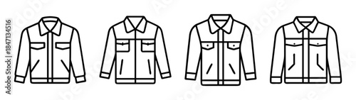 Work jacket line art icon set in black and white featuring various styles of outerwear