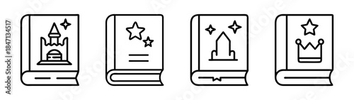 Four line art icons representing fantasy and fairy tale books in a row