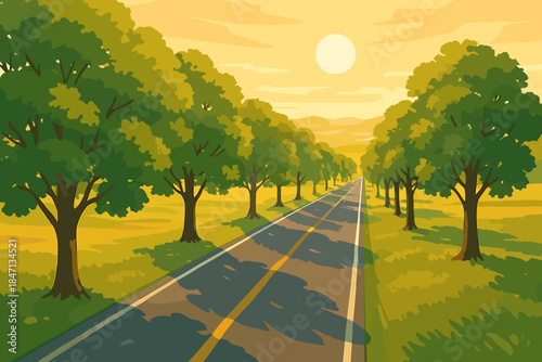 Golden Tree-Lined Road. Scenic aerial view of vector illustration a tree-lined road glowing under golden sunlight, serene and