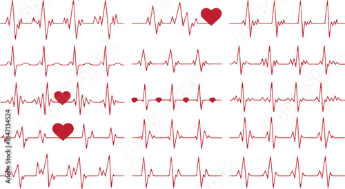 Red heartbeat line collection with heart symbol, cardiology, medical pulse, ECG, EKG design, healthcare clipart vector illustration, health monitoring, digital heartbeat graphics