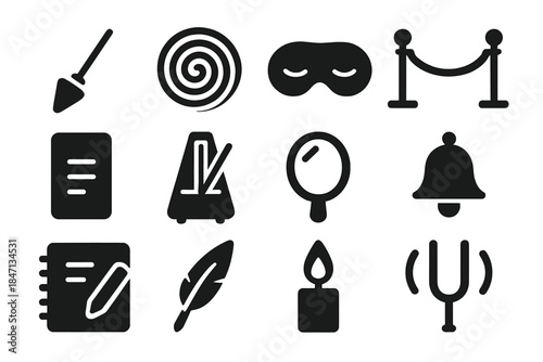 Hypnotic Tools Icons. Solid style icons of Hypnotic tools: pendulum, spiral disc, eye mask, velvet rope, suggestion card,