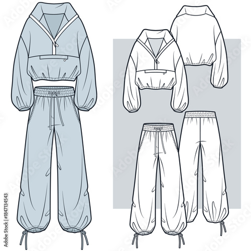 Cropped Jacket and Jogger Pants Set Technical Flat Illustration. Tracksuit fashion flat technical drawing template, front and back view, white, blue, women, men, unisex Activewear CAD mockup.