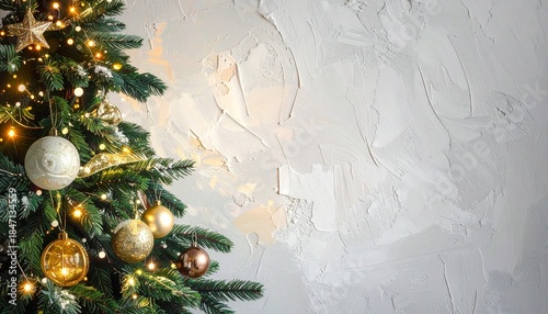 Festive Elegance: A beautifully adorned Christmas tree, sparkling with ornaments and lights, stands before a textured backdrop, evoking the spirit of holiday cheer.